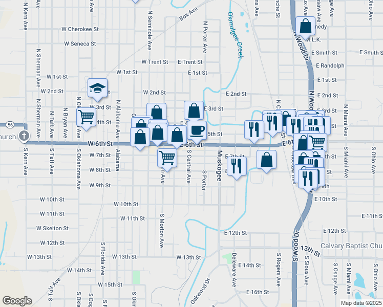 map of restaurants, bars, coffee shops, grocery stores, and more near 205 East 7th Street in Okmulgee