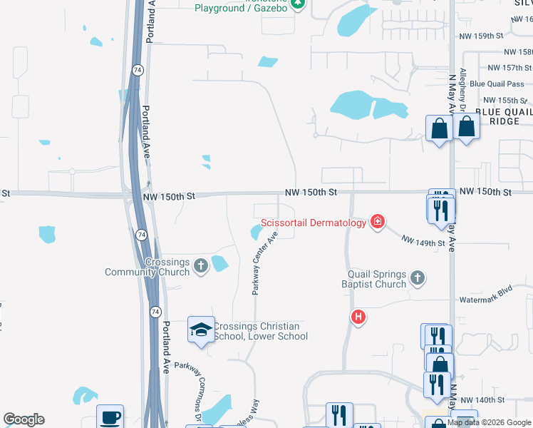 map of restaurants, bars, coffee shops, grocery stores, and more near 3244 Northwest 150th Street in Oklahoma City