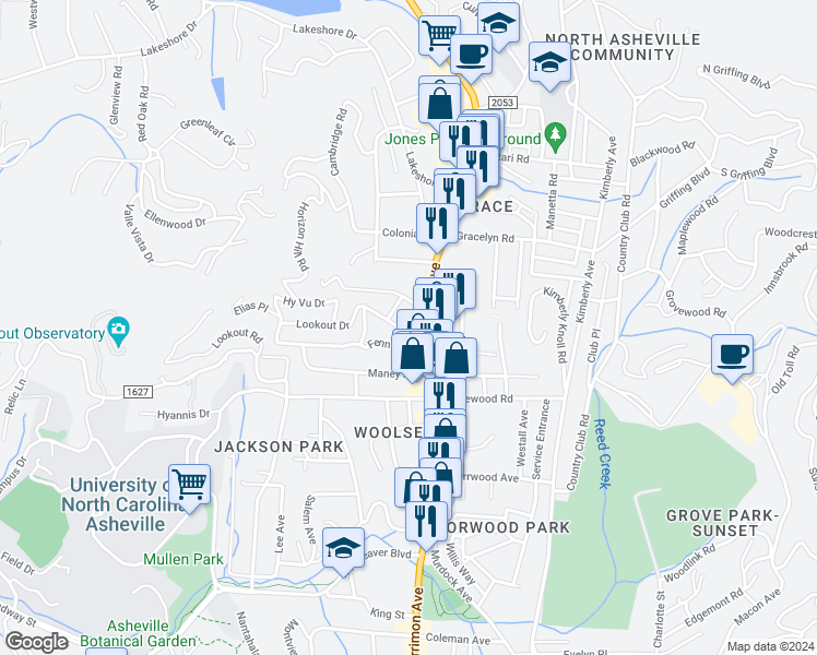 map of restaurants, bars, coffee shops, grocery stores, and more near 3 Lookout Drive in Asheville