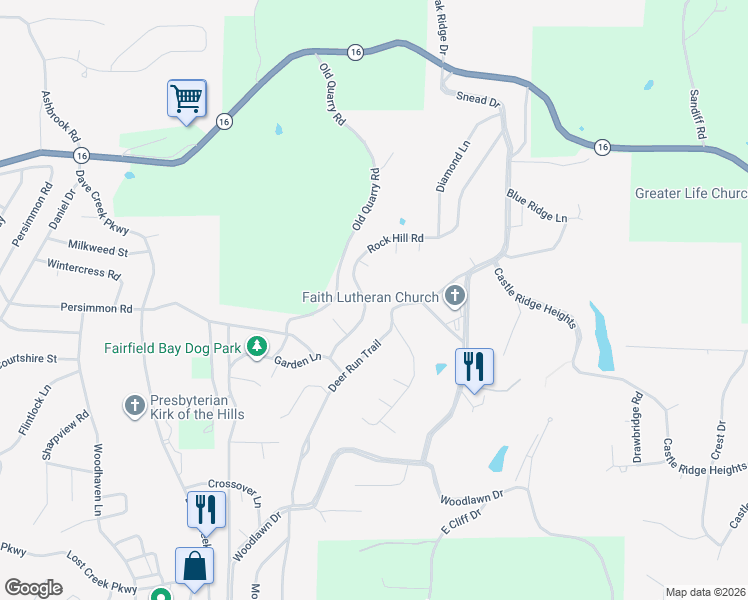 map of restaurants, bars, coffee shops, grocery stores, and more near 234 Rock Hill Road in Fairfield Bay