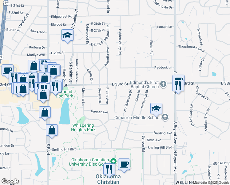 map of restaurants, bars, coffee shops, grocery stores, and more near 3416 Old Georgetowne Road in Edmond