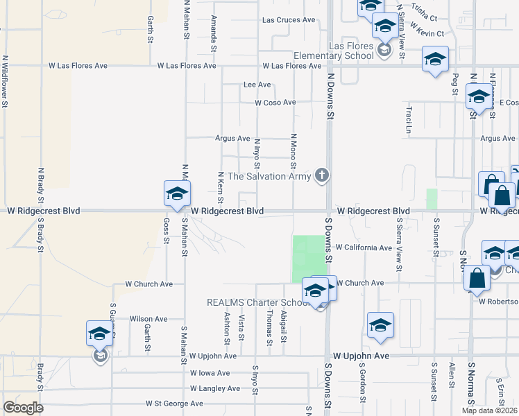 map of restaurants, bars, coffee shops, grocery stores, and more near 1055-1099 West Ridgecrest Boulevard in Ridgecrest