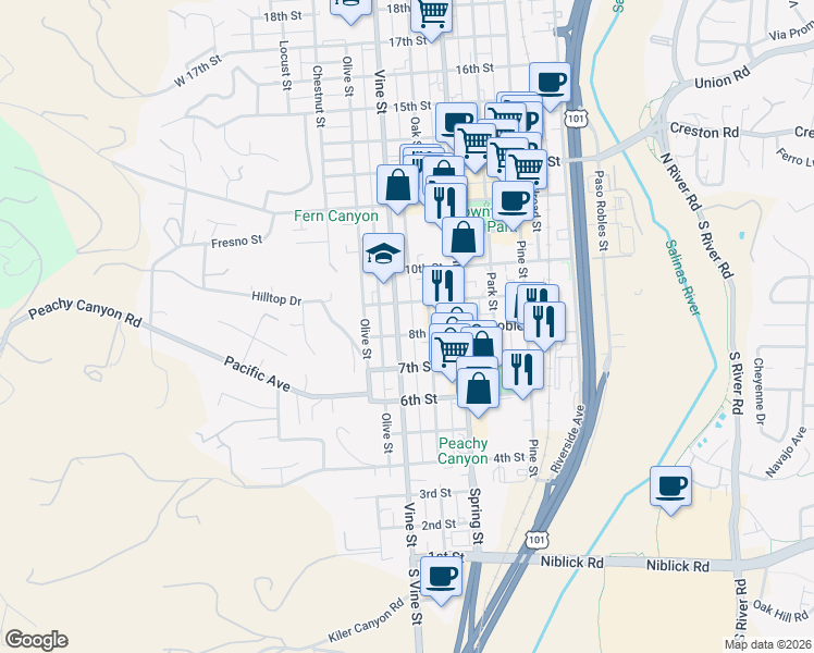 map of restaurants, bars, coffee shops, grocery stores, and more near 738 Vine Street in Paso Robles