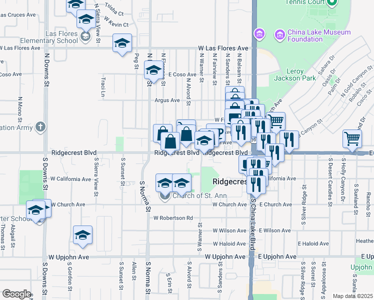 map of restaurants, bars, coffee shops, grocery stores, and more near 309 West Ridgecrest Boulevard in Ridgecrest