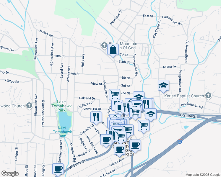 map of restaurants, bars, coffee shops, grocery stores, and more near 104 Pine Street in Black Mountain