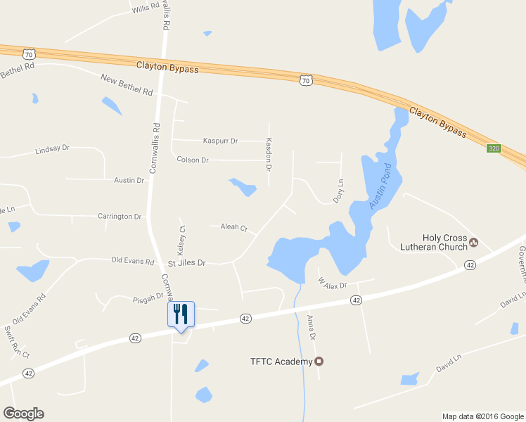 map of restaurants, bars, coffee shops, grocery stores, and more near 215 Saint Jiles Drive in Clayton