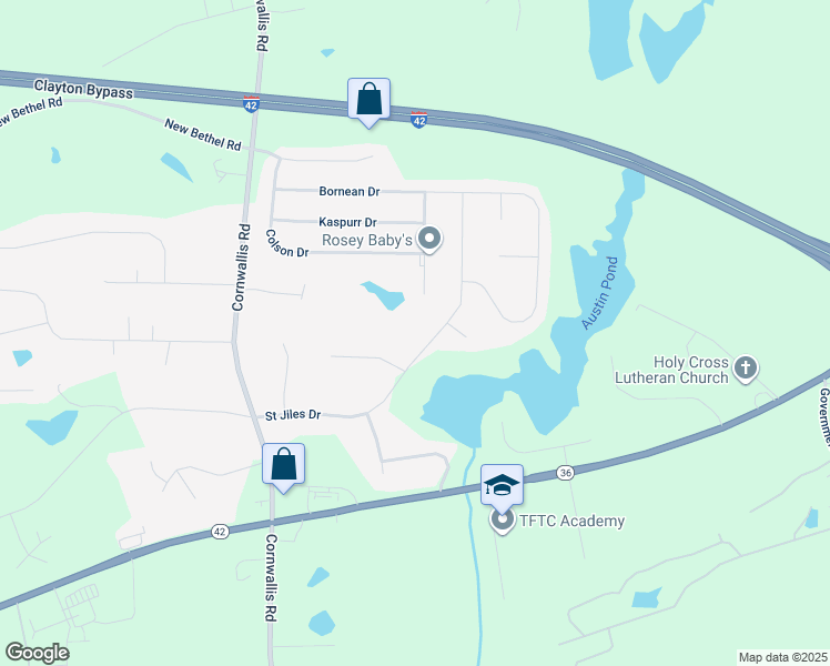 map of restaurants, bars, coffee shops, grocery stores, and more near 215 Saint Jiles Drive in Clayton