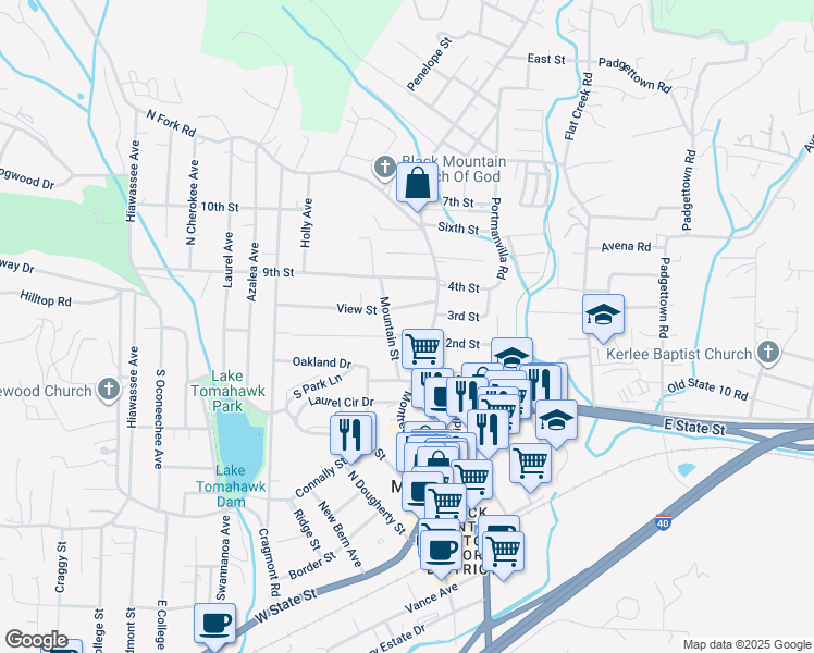 map of restaurants, bars, coffee shops, grocery stores, and more near 104 Pine Street in Black Mountain