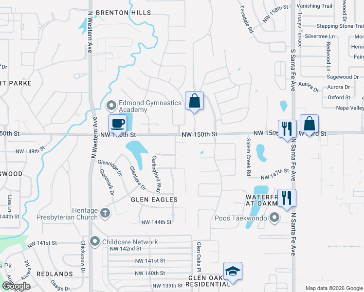map of restaurants, bars, coffee shops, grocery stores, and more near 516 Northwest 149th Street in Edmond