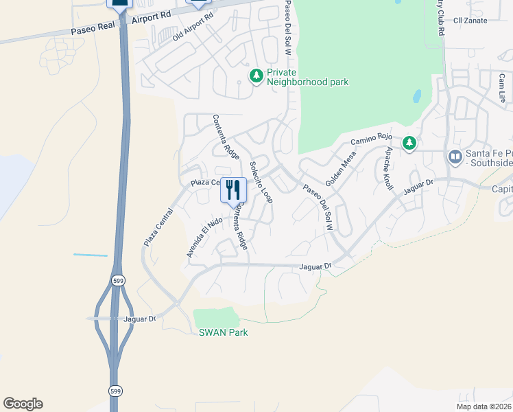 map of restaurants, bars, coffee shops, grocery stores, and more near 4619 Solecito Loop in Santa Fe
