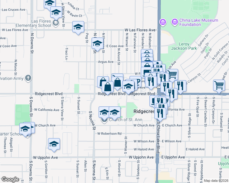 map of restaurants, bars, coffee shops, grocery stores, and more near 140 North Helena Street in Ridgecrest