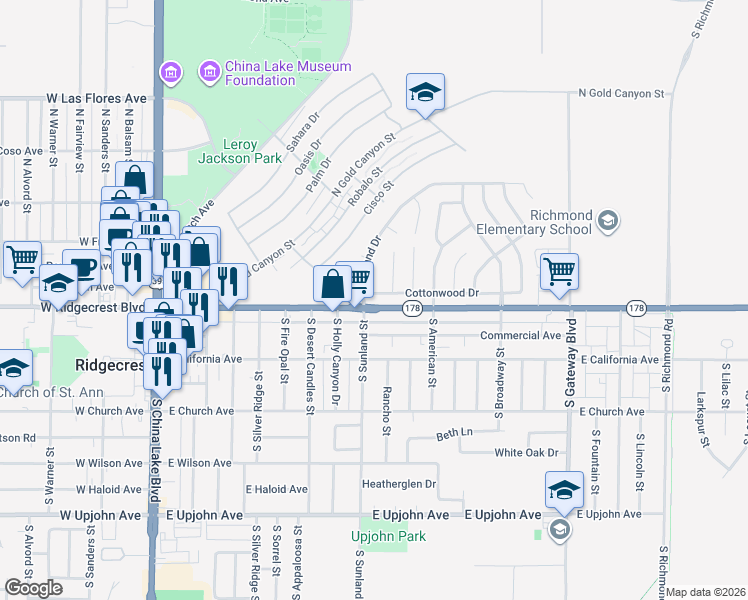 map of restaurants, bars, coffee shops, grocery stores, and more near 121 Purple Sage Lane in Ridgecrest