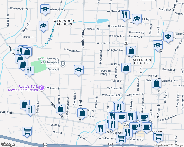 map of restaurants, bars, coffee shops, grocery stores, and more near 324 Linden Street in Jackson