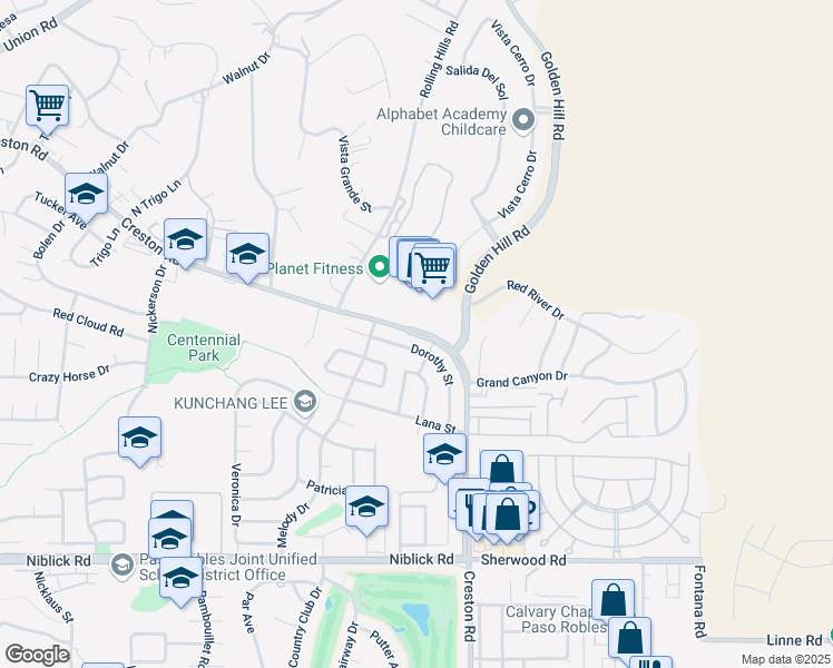 map of restaurants, bars, coffee shops, grocery stores, and more near 1091 Creston Road in Paso Robles