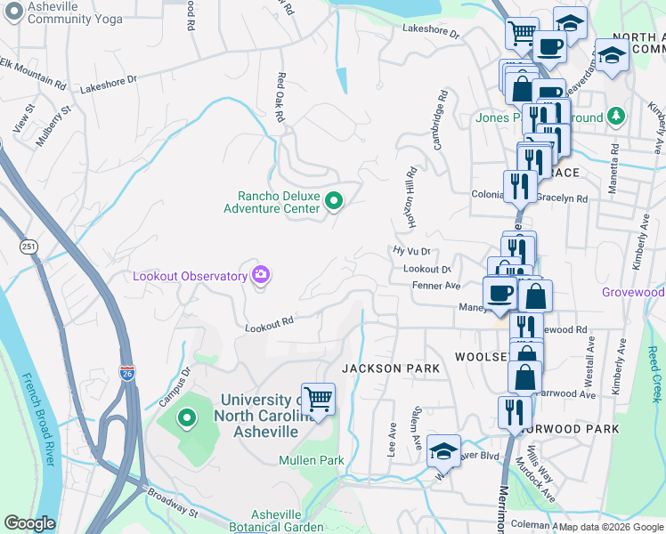 map of restaurants, bars, coffee shops, grocery stores, and more near 2 Bridle Path Road in Asheville