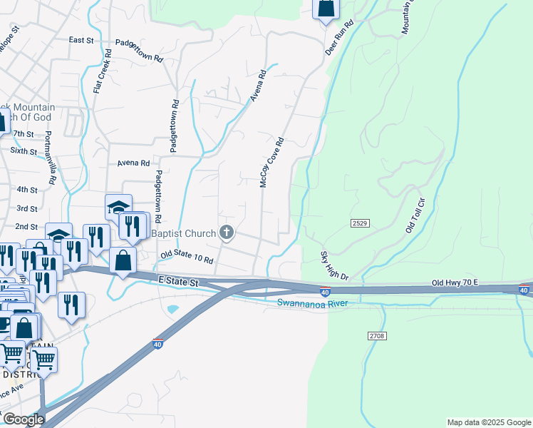 map of restaurants, bars, coffee shops, grocery stores, and more near 324 McCoy Cove Road in Black Mountain