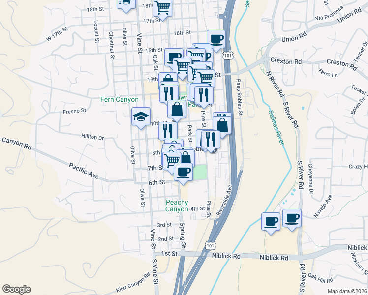 map of restaurants, bars, coffee shops, grocery stores, and more near 841 Park Street in Paso Robles