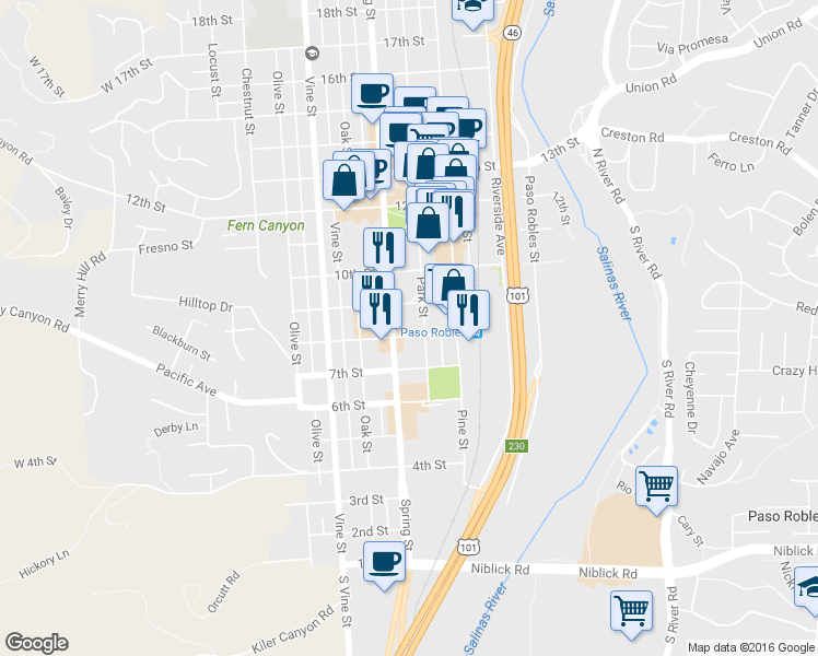 map of restaurants, bars, coffee shops, grocery stores, and more near 828 Spring Street in Paso Robles