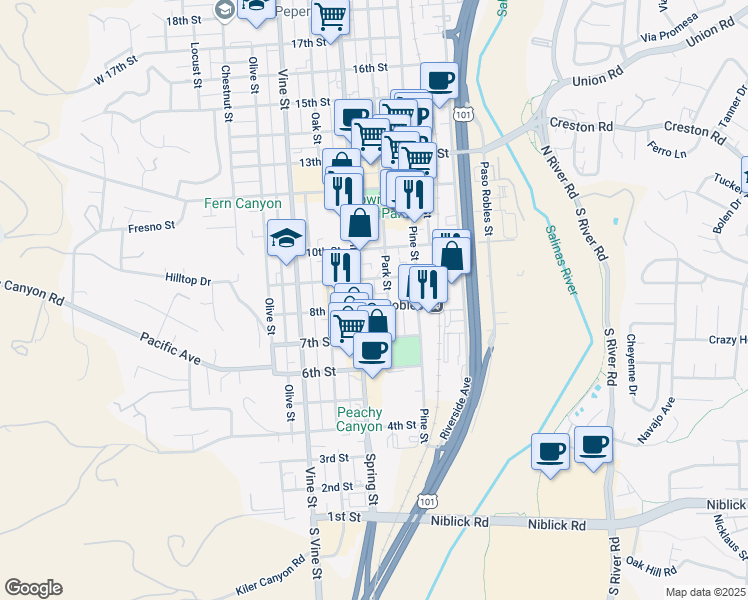 map of restaurants, bars, coffee shops, grocery stores, and more near 841 Park Street in Paso Robles