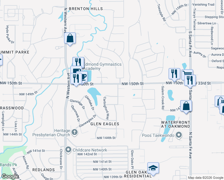 map of restaurants, bars, coffee shops, grocery stores, and more near 640 Northwest 150th Street in Edmond