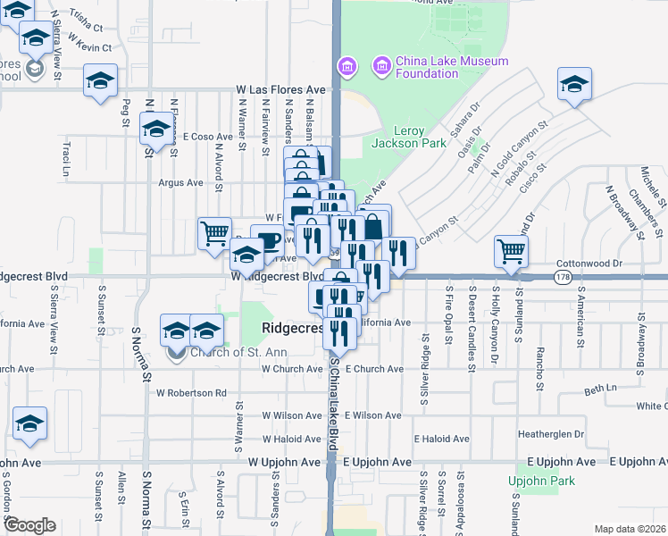 map of restaurants, bars, coffee shops, grocery stores, and more near U.S. 395 Business in Ridgecrest