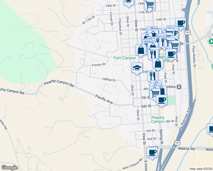 map of restaurants, bars, coffee shops, grocery stores, and more near 230 Hilltop Drive in Paso Robles