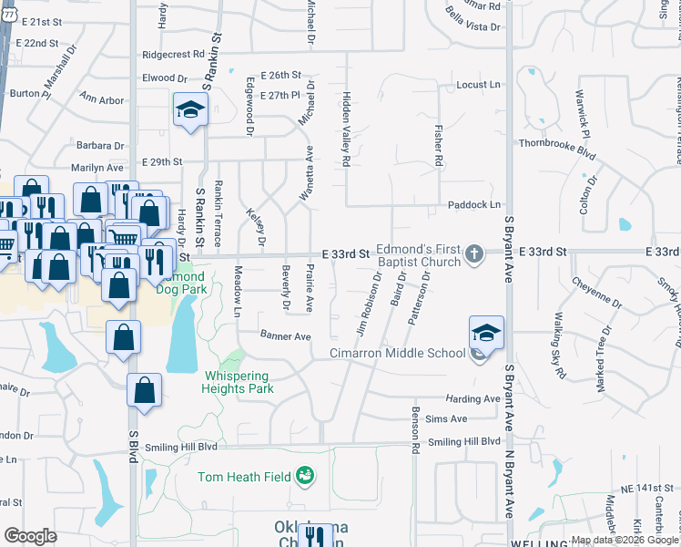 map of restaurants, bars, coffee shops, grocery stores, and more near 869 East 33rd Street in Edmond