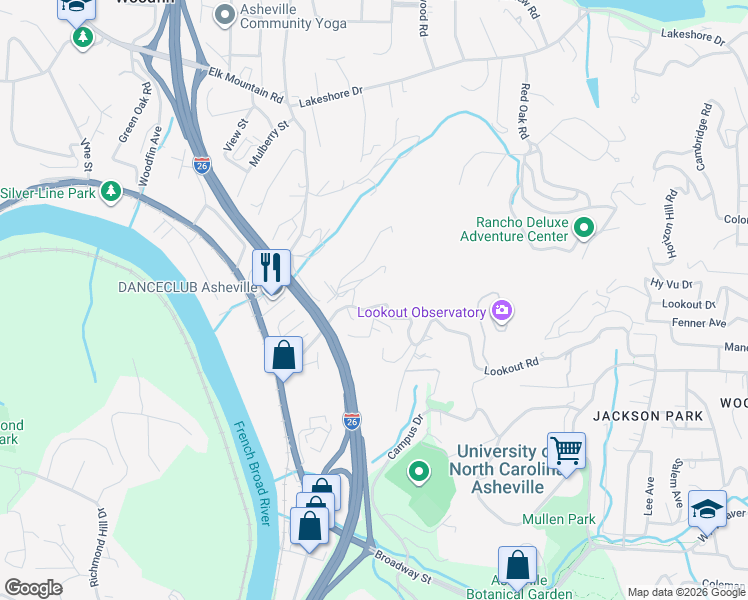 map of restaurants, bars, coffee shops, grocery stores, and more near 12 Ravine Road in Woodfin