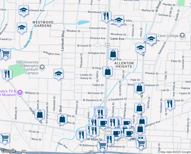 map of restaurants, bars, coffee shops, grocery stores, and more near 235 Cedar Street in Jackson
