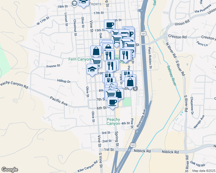 map of restaurants, bars, coffee shops, grocery stores, and more near 939 Spring Street in Paso Robles