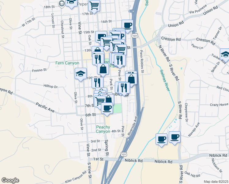 map of restaurants, bars, coffee shops, grocery stores, and more near 841 Park Street in Paso Robles