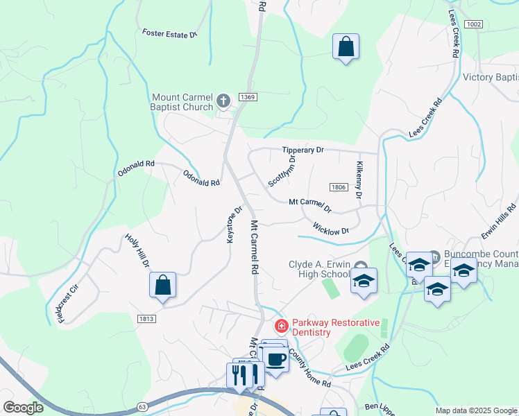 map of restaurants, bars, coffee shops, grocery stores, and more near 161 Mount Carmel Road in Asheville