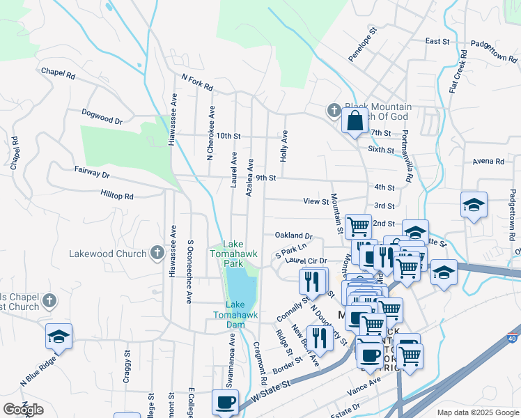 map of restaurants, bars, coffee shops, grocery stores, and more near 603 Rhododendron Avenue in Black Mountain
