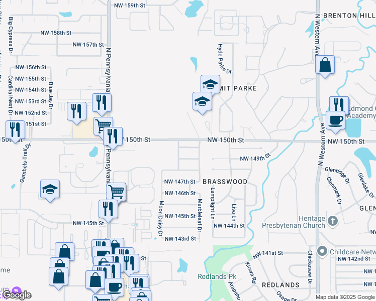 map of restaurants, bars, coffee shops, grocery stores, and more near 1704 Northwest 150th Terrace in Edmond