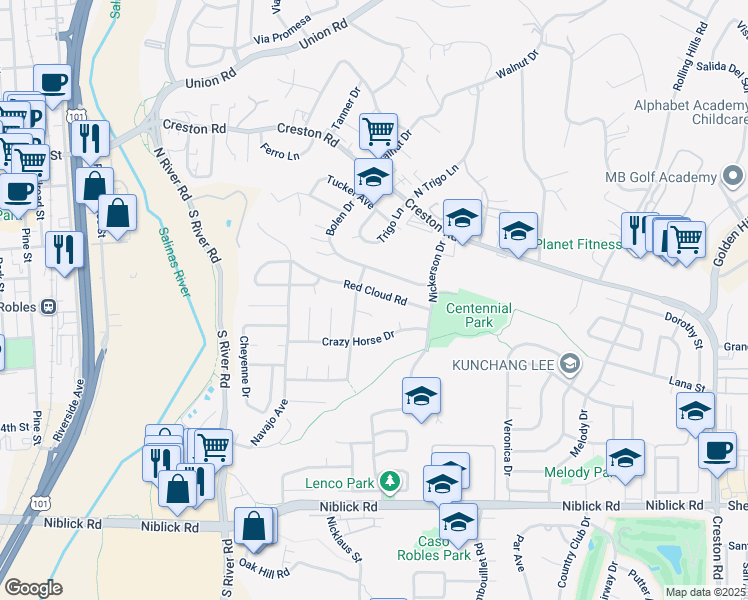 map of restaurants, bars, coffee shops, grocery stores, and more near 820 Red Cloud Road in Paso Robles
