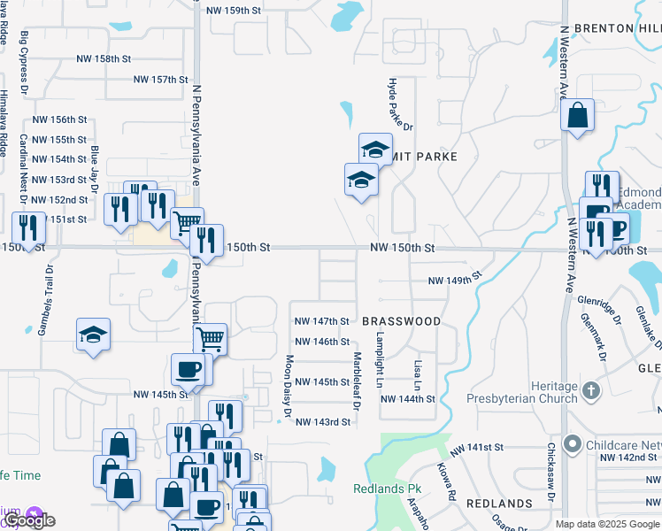 map of restaurants, bars, coffee shops, grocery stores, and more near 1708 Northwest 150th Terrace in Edmond