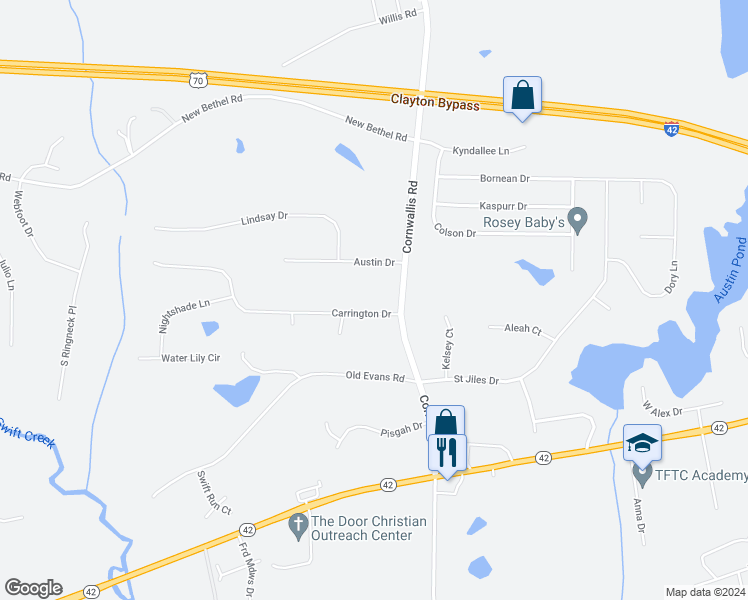 map of restaurants, bars, coffee shops, grocery stores, and more near 108 Carrington Drive in Garner