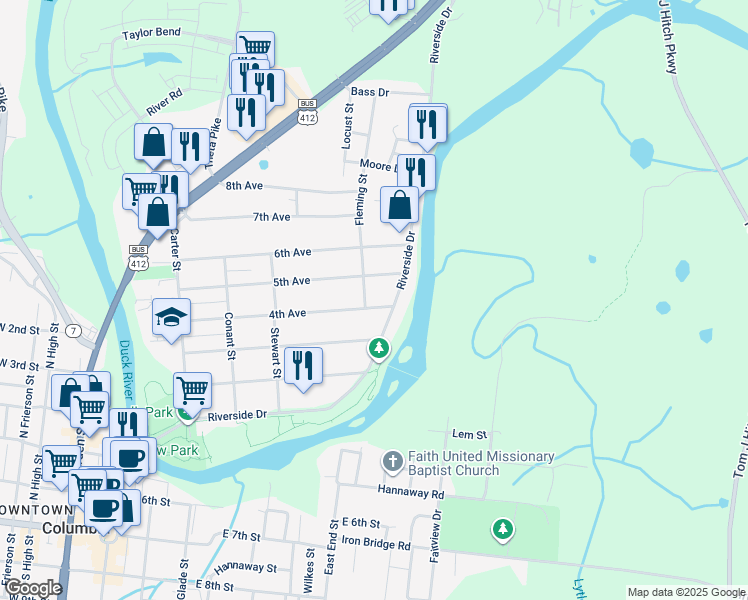 map of restaurants, bars, coffee shops, grocery stores, and more near 406 Fleming Street in Columbia