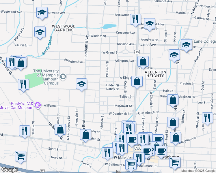 map of restaurants, bars, coffee shops, grocery stores, and more near 241 Linden Street in Jackson