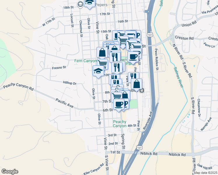 map of restaurants, bars, coffee shops, grocery stores, and more near 825 Oak Street in Paso Robles