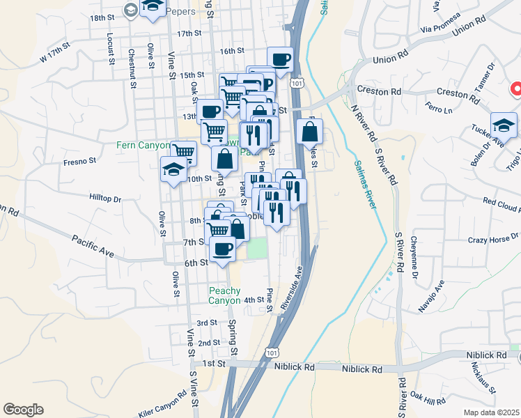 map of restaurants, bars, coffee shops, grocery stores, and more near in Paso Robles