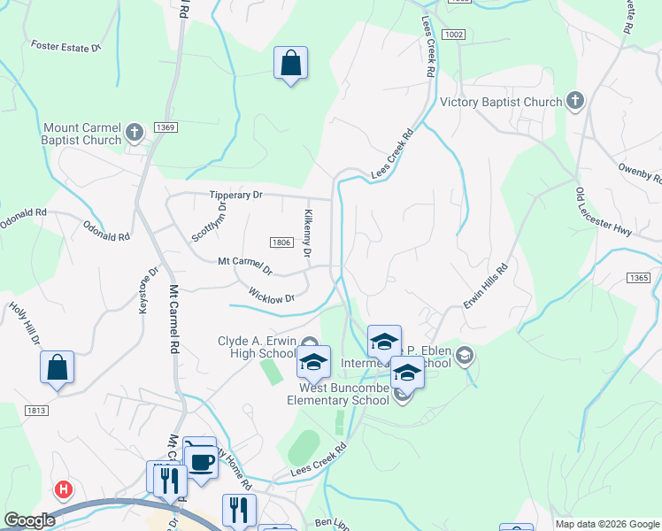 map of restaurants, bars, coffee shops, grocery stores, and more near Lees Creek Road in Asheville