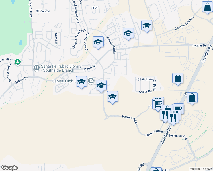 map of restaurants, bars, coffee shops, grocery stores, and more near Larson Loop in Santa Fe