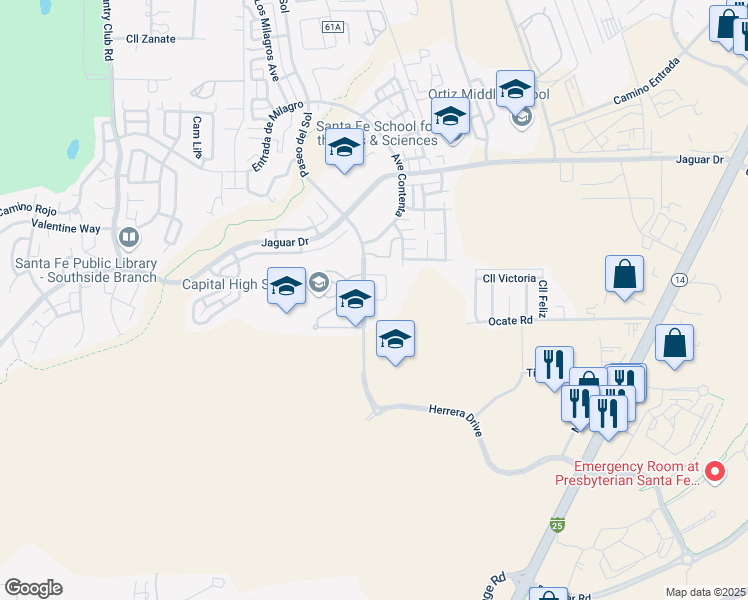 map of restaurants, bars, coffee shops, grocery stores, and more near Larson Loop in Santa Fe