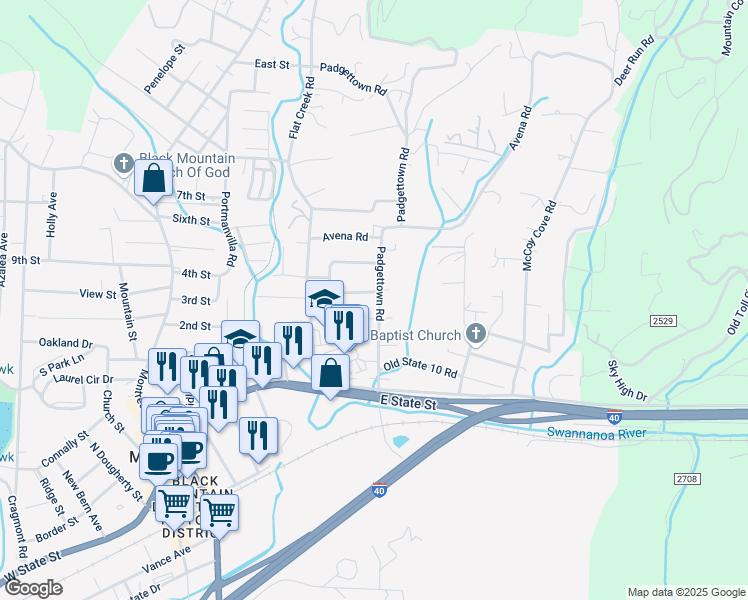 map of restaurants, bars, coffee shops, grocery stores, and more near 109 Pinetree Drive in Black Mountain