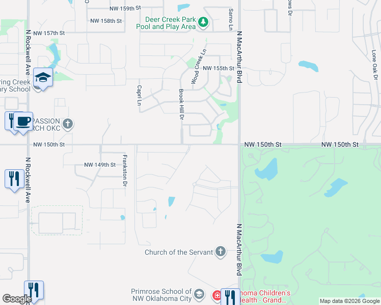 map of restaurants, bars, coffee shops, grocery stores, and more near 6104 Northwest 151st Terrace in Edmond