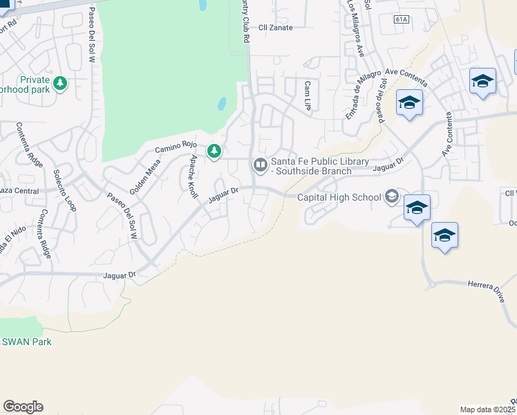 map of restaurants, bars, coffee shops, grocery stores, and more near 6600 Jaguar Drive in Santa Fe