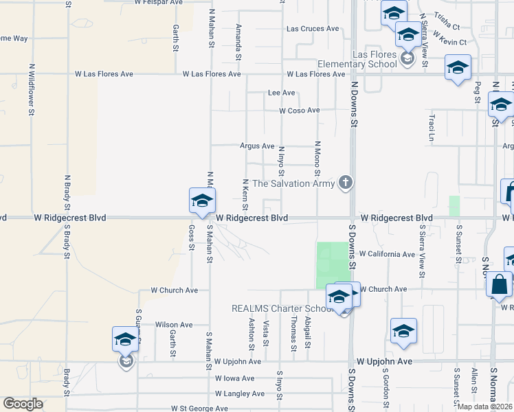 map of restaurants, bars, coffee shops, grocery stores, and more near Jean Avenue in Ridgecrest