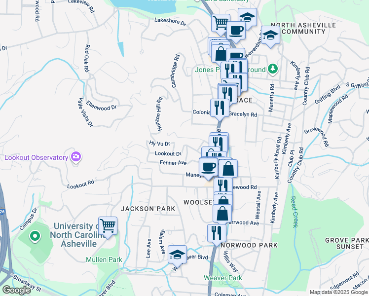 map of restaurants, bars, coffee shops, grocery stores, and more near 50 Larchmont Road in Asheville