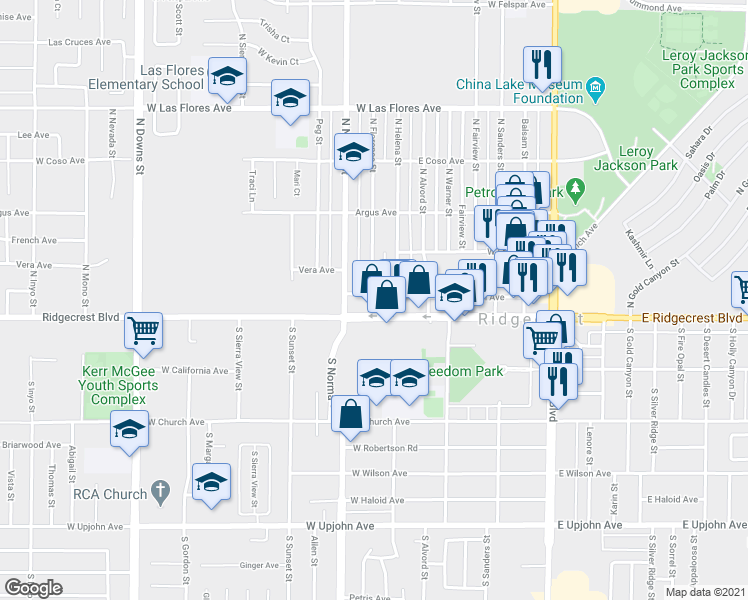 map of restaurants, bars, coffee shops, grocery stores, and more near 423 West Jean Avenue in Ridgecrest
